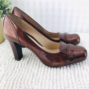 Cole Haan Square toe pumps brown penny loafer heel